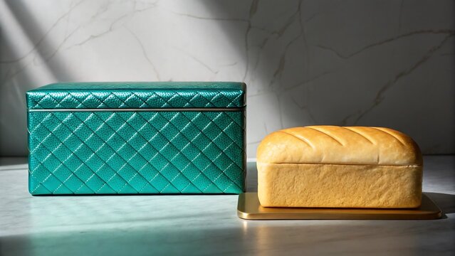 Fresh loaf of bread beside modern quilted breadbox in kitchen light
