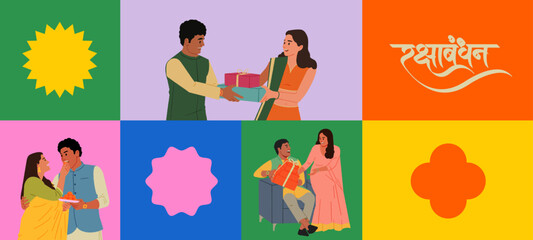 Raksha Bandhan Celebrating Sibling hand-drawn vector illustration editable set, featuring the phrase 'Happy Raksha Bandhan' written in Hindi calligraphy.