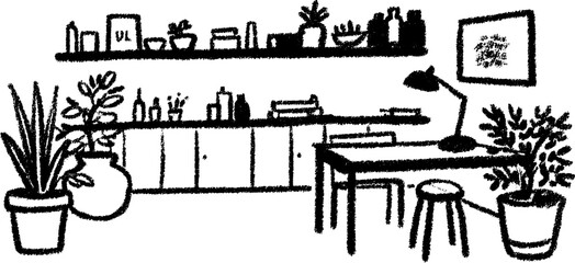 Fototapeta premium Hand drawn sketch of a creative craft room with open shelves and plants