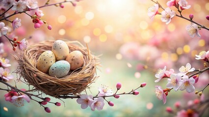 A springtime scene featuring a bird's nest filled with speckled eggs nestled amongst delicate blossoming branches.