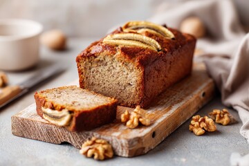 Bananenbrot Walnuss Kuchen Frühstück Snack Bananenkuchen Backrezept saftig vegan einfach Bananenbrot Rezept gesundes Gebäck Kaffeekuchen Brunch Bananenbrot Scheiben Nusskuchen Dessert Hausgemacht