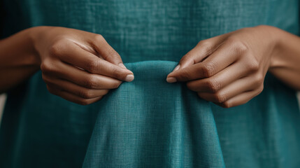 Garment factory, A worker pinning fabric together for custom pants, showcasing garment making and tailoring skills.