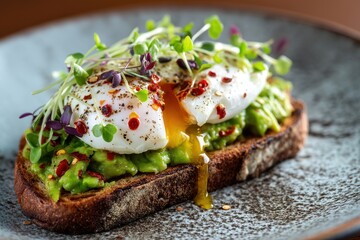 Avocado Toast Ei pochiert Fr&uuml;hst&uuml;ck gesund Brunch Vollkornbrot Superfood Brotaufstrich Clean Eating Protein Fr&uuml;hst&uuml;ck Low Carb Foodtrend Microgreens Avocadobrot Fr&uuml;hst&uuml;cksidee Ei Avocado