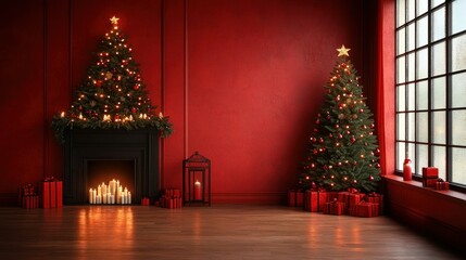 Festive Holiday Scene with Trees, Fireplace, and Gifts