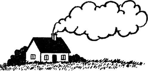 Obraz premium Serene sketch of distant cottage with rising smoke for tranquil home designs