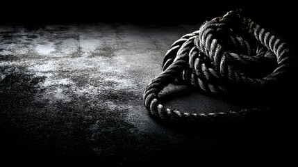 Coiled fitness rope on gym floor, textured rubber detail, dramatic lighting - Strength and movement in focus