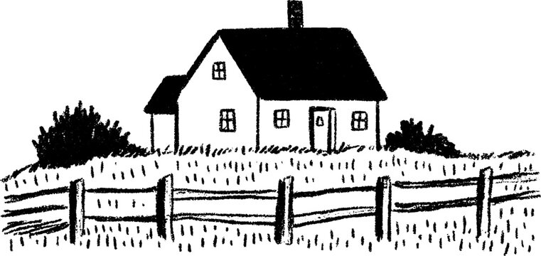 Charming farmhouse with chimney and fenced yard art sketch for rustic design concepts