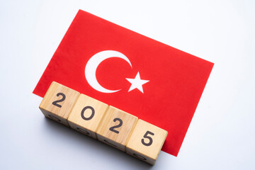 2025, Türkiyea flag with date block, Concept, Important events for Türkiye the new year, election, economy, social activities, central bank, Türkiye foreign policy