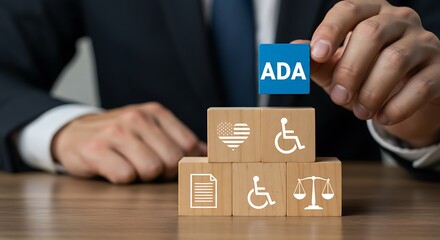 Person in Suit Placing A D A Cube on Stack of Wooden Blocks with Disability Accessibility Symbols American Flag