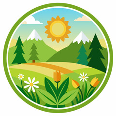 Obraz premium Round Realistic spring green grass field with flowers isolated border on transparent background