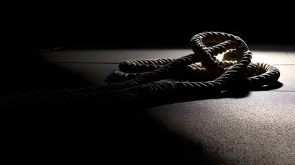 Coiled fitness rope on gym floor, textured rubber detail, dramatic lighting - Strength and movement in focus