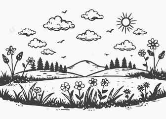 Nature background with grass border and summer flowers, coloring pages Isolated on white background
