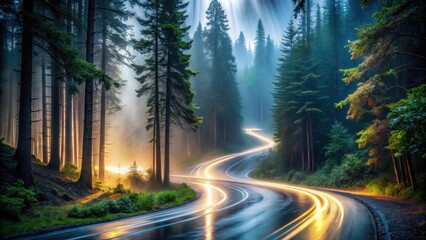 Enchanted Forest Road Serpentine Path Through Misty Woods at Dawn with Light Trails
