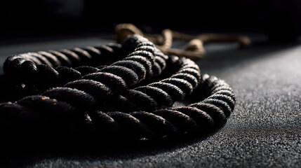 Coiled fitness rope on gym floor, textured rubber detail, dramatic lighting - Strength and movement in focus