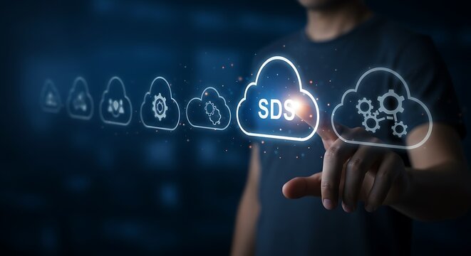 Person Interacting with Holographic Cloud Computing S D S Software System Interface Gears Technology