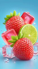 A vibrant and refreshing of whole red strawberries, bright green lime slices, and translucent red jelly-like ice cubes, all covered in tiny water droplets,on light blue or turquoise surface. 