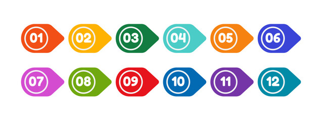 Set of multicolored bullet point markers with numbers from one to twelve. Colorful geometric simple shapes. Vector flat icons isolated on white background