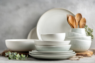 minimalistic arrangement of kitchen utensils on clean background featuring elegant plates bowls and cutlery