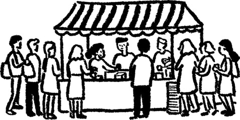 Vibrant street scene drawing with food stall and people