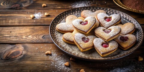 Aromatic heart-shaped cookies, dusted with powdered sugar, filled with vibrant jelly, arranged on a rustic wooden surface.