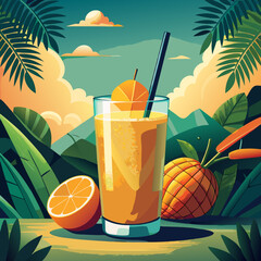 Tropical Orange Juice Illustration with Pineapple, Palm Leaves, and Mountain Background