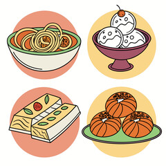 Colorful Dessert Set with Pasta, Ice Cream, Cake and Sweet Buns in Cartoon Style