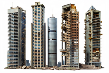 Collection of partially constructed and ruined skyscrapers with abstract colorful glitch art background isolated on a transparent background