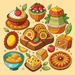 Colorful Cartoon Assortment of Fruits and Treats, Vector Illustration