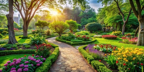A Serene Garden Path at Sunrise Blossoming Flowers and Lush Greenery Surround a Winding Stone Walkway, Bathed in Golden Sunlight