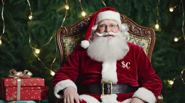 Santa Claus with $C initials stitched on his suit