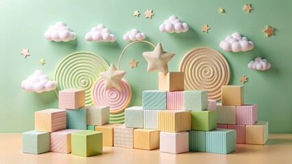 Pastel-colored blocks form a whimsical, dreamy arrangement against a soft green backdrop, adorned with fluffy clouds and shimmering stars, creating a serene and playful scene.