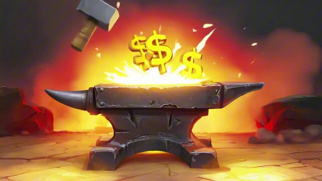 Anvil striking glowing $ signs into shape with animated sparks and smoke, slow-motion cartoon-style metalwork