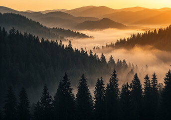Cinematic Black and White Landscape of Misty Mountain Forest with Tall Fir Trees and Rolling Fog