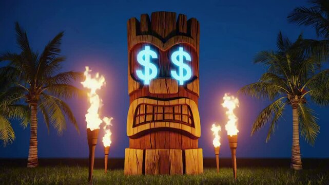 Tiki statue with glowing $ sign eyes, surrounded by animated torches and swaying palm trees