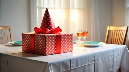 A festively wrapped gift with a party hat sits on a table awaiting celebration
