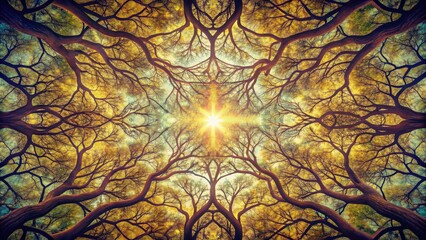 Golden Canopy A Mystical Radiance of Intertwined Branches Reaching for a Celestial Sun