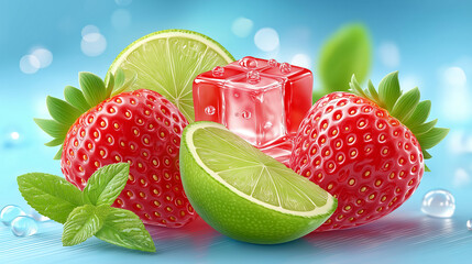 A vibrant and refreshing of whole red strawberries, bright green lime slices, and translucent red jelly-like ice cubes, all covered in tiny water droplets,on light blue or turquoise surface. 