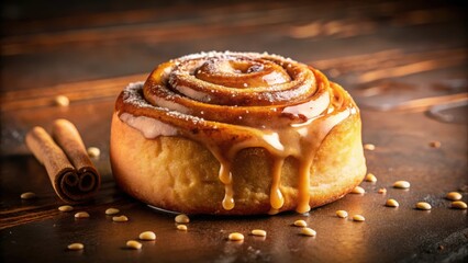 A delectable sweet roll, glazed with rich caramel, sits atop a dark wooden surface, adorned with cinnamon sticks and scattered seeds.