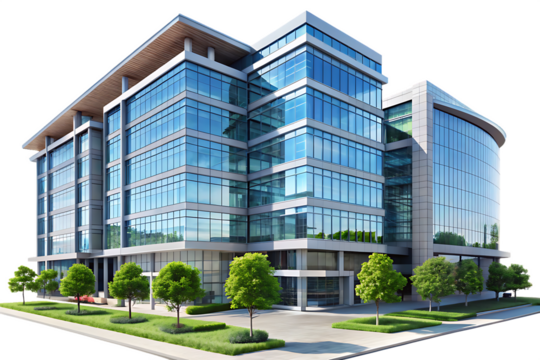 Contemporary glass office building with green landscaping isolated on a transparent background modern architecture