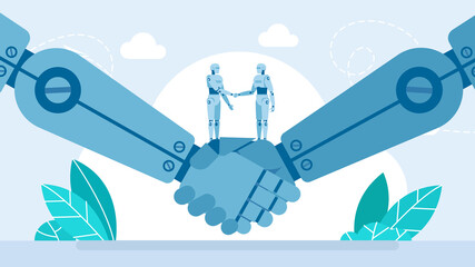 Collaboration, partnership, relationship between artificial intelligence. Two robots shaking hands. Close-up of robotic hands. Handshake between robots. Handshake two robots. Flat illustration