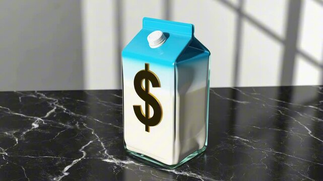A milk carton with a dollar sign on it