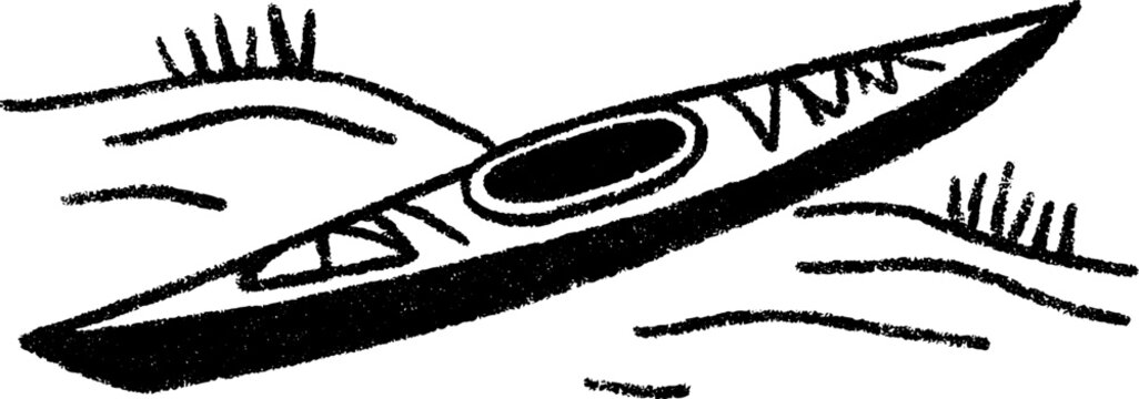 Hand drawn sketch of kayak by riverbank for outdoor adventure theme design