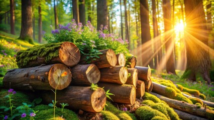 Sunlit Forest Landscape Featuring a Stack of Logs Adorned with Blooming Wildflowers and Lush Green Moss