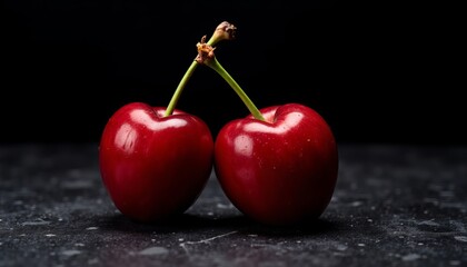 Two cherries isolated on a dark background with glossy shine  