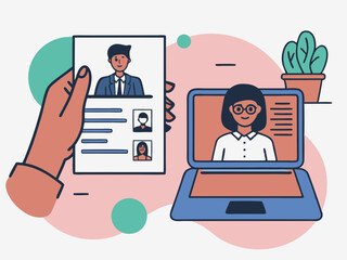 Remote interview and resume review illustration on white background with modern design