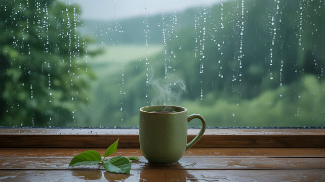 "A cozy scene of a steaming green mug of tea placed on a wooden windowsill during a rainy day. Raindrops gently fall and trickle down the glass window, with a blurred green forest outside. A few fresh