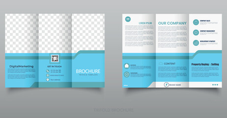 Corporate Trifold Brochure Design Template for Business and Marketing. Perfect for digital marketing, company profile, business promotion, and property services presentations.