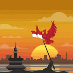 This vector image illustrates a vibrant sunset with the red bird soaring above a majestic temple complex, with the Indonesian flag flying proudly.