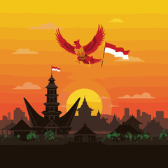 This vector image illustrates a vibrant sunset with the red bird soaring above a majestic temple complex, with the Indonesian flag flying proudly.