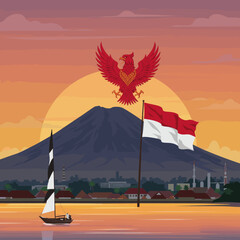This vector image shows the majestic mountain backdrop with the red bird soaring above, holding the Indonesian flag.